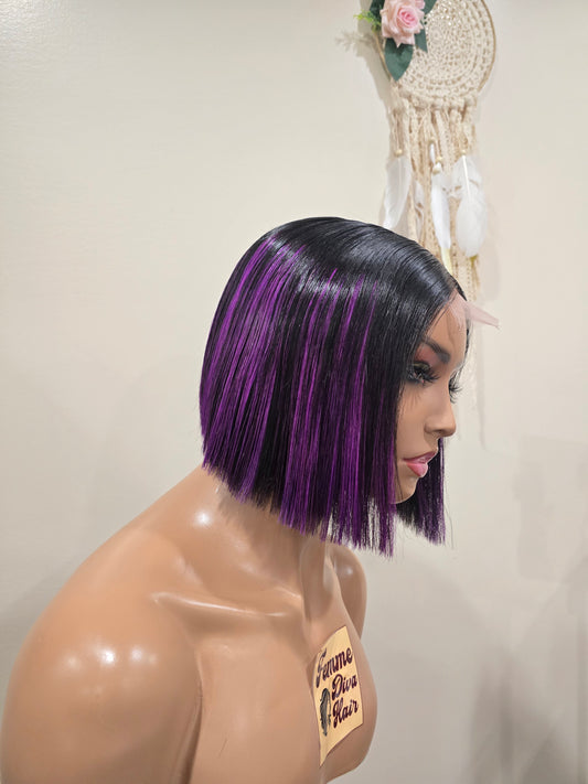 Bone Straight Glueless Purple Highlights Closure Wig